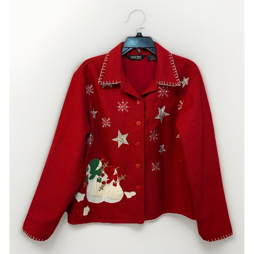 Take Two VTG Women's Medium Blazer Red Wool Blend Embroidered Applique Snowflake